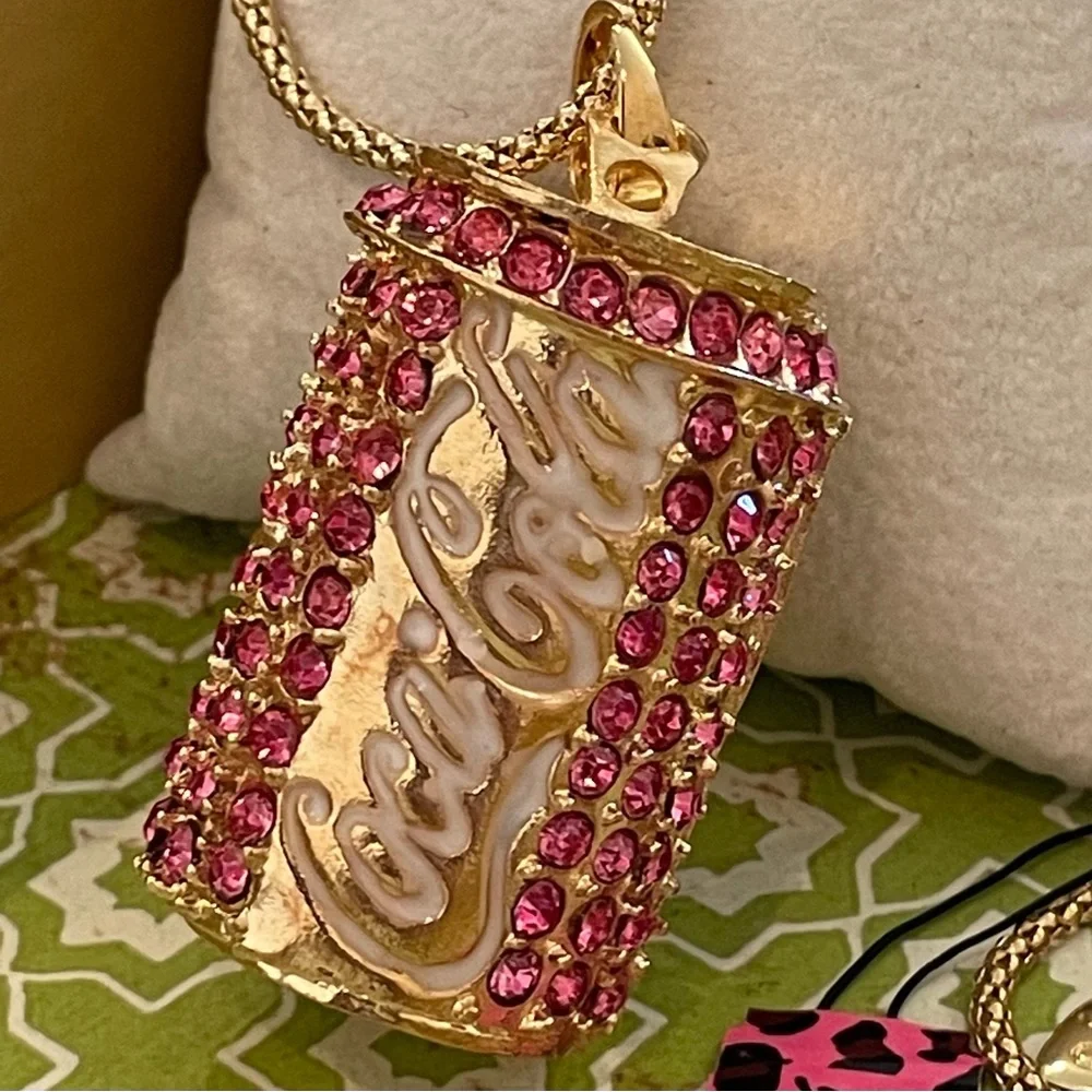 Betsey Johnson Coca-Cola Pendant Necklace | Pink Gold-Tone & Rhinestones | NEW - Picture 1 of 7